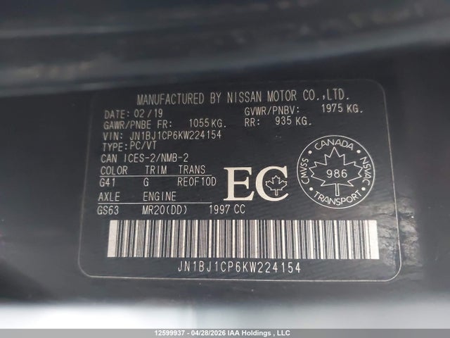 12599937 :رقم المزاد ، JN1BJ1CP6KW224154 vin ، 2019 Nissan Rogue Sport S/sv/sl مزاد بيع