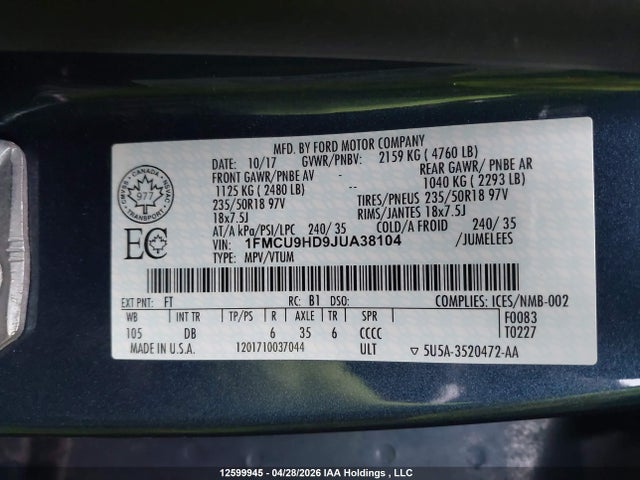 1FMCU9HD9JUA38104 Ford ESCAPE SEL