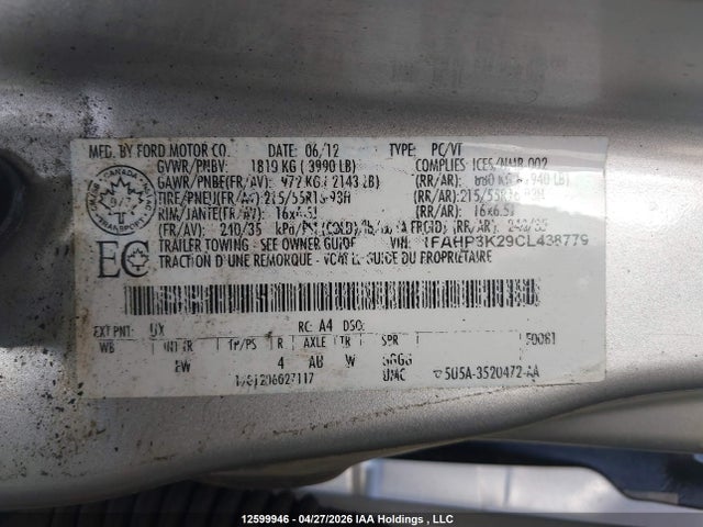 12599946 :رقم المزاد ، 1FAHP3K29CL438779 vin ، 2012 Ford Focus Se مزاد بيع