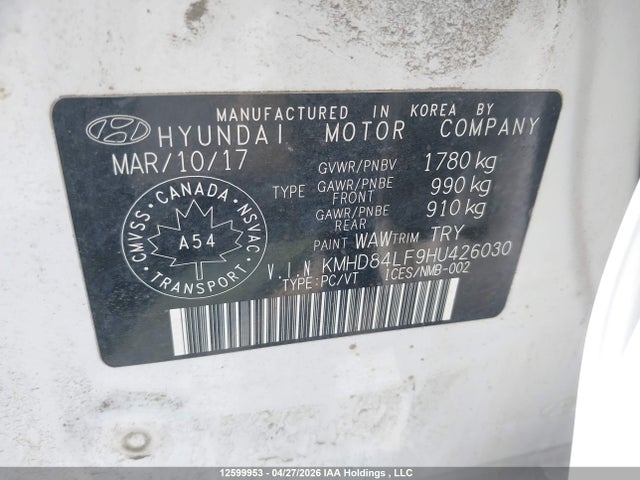 KMHD84LF9HU426030 Hyundai ELANTRA GL