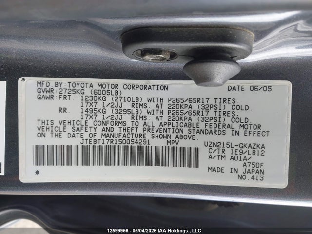 2005 Toyota 4runner Limited მანქანა იყიდება აუქციონზე, vin: JTEBT17R150054291, აუქციონის ნომერი: 12599956