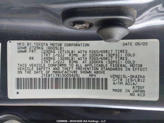 2005 Toyota 4runner Limited მანქანა იყიდება აუქციონზე, vin: JTEBT17R150054291, აუქციონის ნომერი: 12599956
