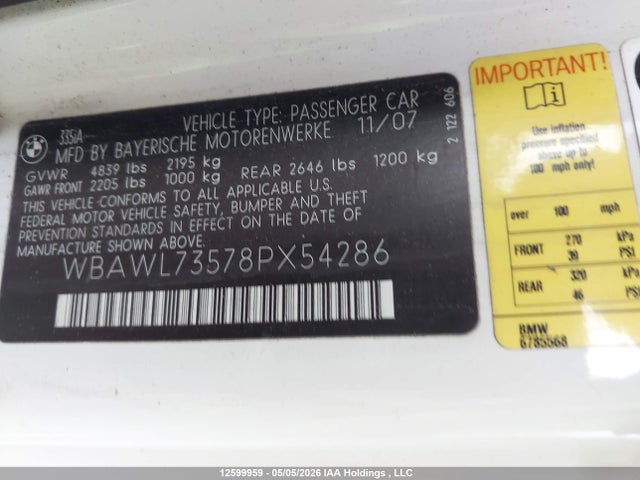 12599959 :رقم المزاد ، WBAWL73578PX54286 vin ، 2008 Bmw 3-series مزاد بيع