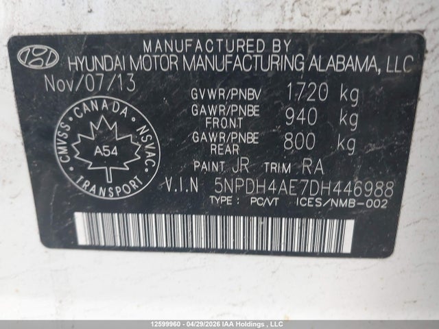 2013 Hyundai Elantra Gl მანქანა იყიდება აუქციონზე, vin: 5NPDH4AE7DH446988, აუქციონის ნომერი: 12599960