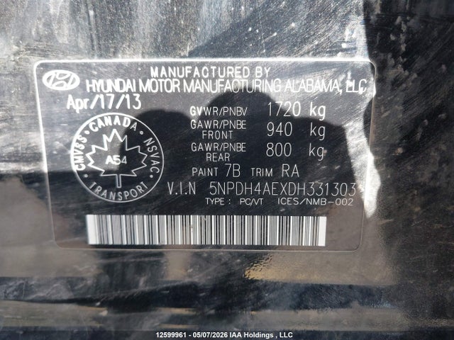 2013 Hyundai Elantra მანქანა იყიდება აუქციონზე, vin: 5NPDH4AEXDH331303, აუქციონის ნომერი: 12599961