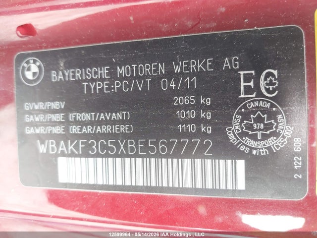 12599964 :رقم المزاد ، WBAKF3C5XBE567772 vin ، 2011 Bmw 328i Xdrive مزاد بيع