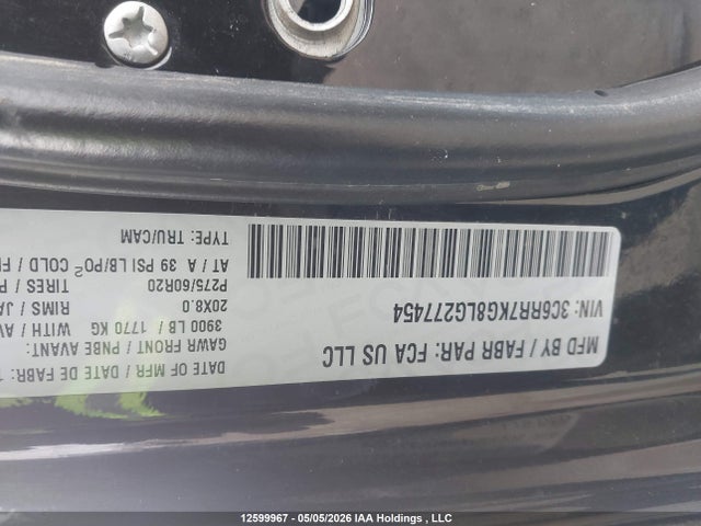 12599967 :رقم المزاد ، 3C6RR7KG8LG277454 vin ، 2020 Ram 1500 Classic Tradesman/express مزاد بيع