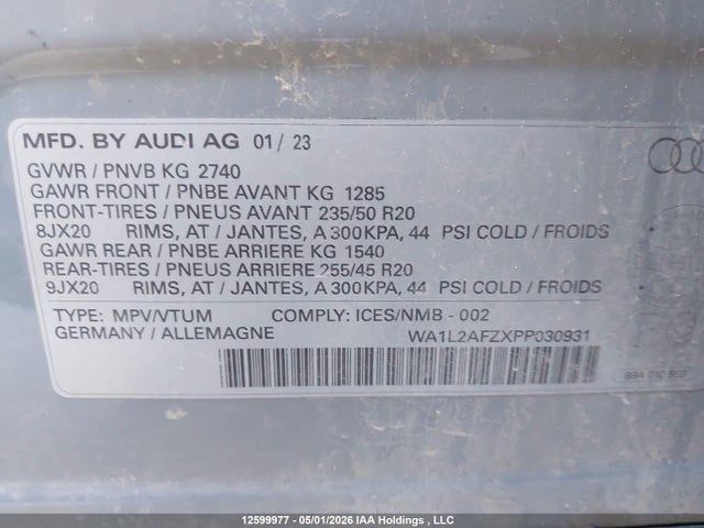 2023 Audi Q4 E-tron Premium მანქანა იყიდება აუქციონზე, vin: WA1L2AFZXPP030931, აუქციონის ნომერი: 12599977