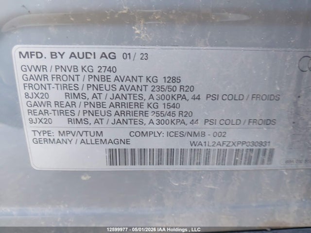 2023 Audi Q4 E-tron Premium მანქანა იყიდება აუქციონზე, vin: WA1L2AFZXPP030931, აუქციონის ნომერი: 12599977