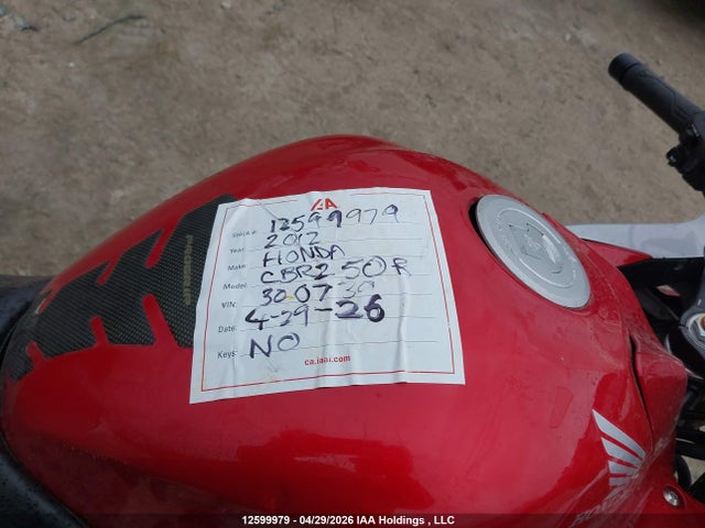 2012 Honda Cbr250 R მანქანა იყიდება აუქციონზე, vin: MLHMC4122C5300739, აუქციონის ნომერი: 12599979