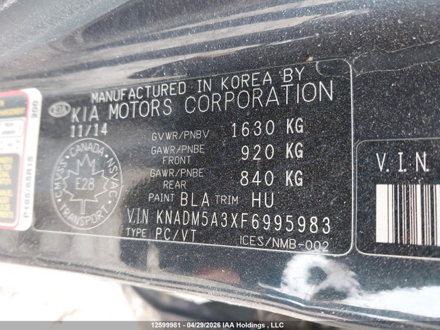 12599981 :رقم المزاد ، KNADM5A3XF6995983 vin ، 2015 Kia Rio Lx مزاد بيع