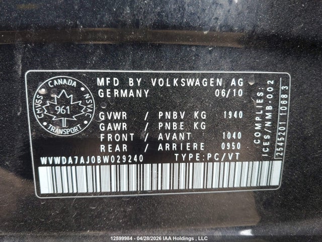 12599984 :رقم المزاد ، WVWDA7AJ0BW029240 vin ، 2011 Volkswagen Golf 2.5l Comfortline/2.5l Highline/2.5l Sportline/2.5l Trendline مزاد بيع