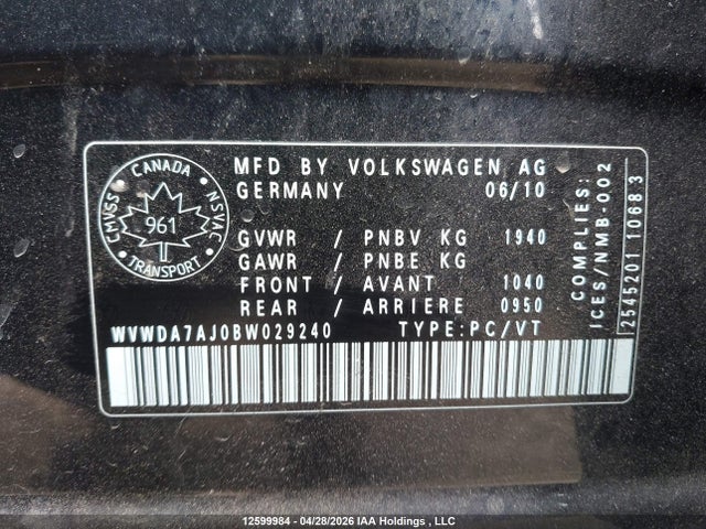 12599984 :رقم المزاد ، WVWDA7AJ0BW029240 vin ، 2011 Volkswagen Golf 2.5l Comfortline/2.5l Highline/2.5l Sportline/2.5l Trendline مزاد بيع