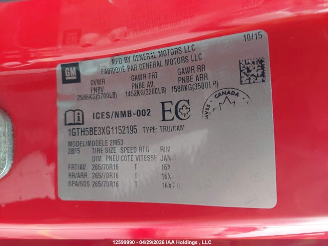 12599990 :رقم المزاد ، 1GTH5BE3XG1152195 vin ، 2016 Gmc Canyon مزاد بيع