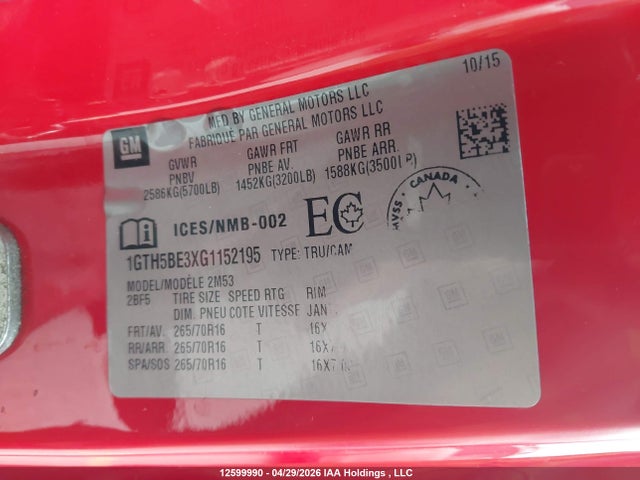 12599990 :رقم المزاد ، 1GTH5BE3XG1152195 vin ، 2016 Gmc Canyon مزاد بيع