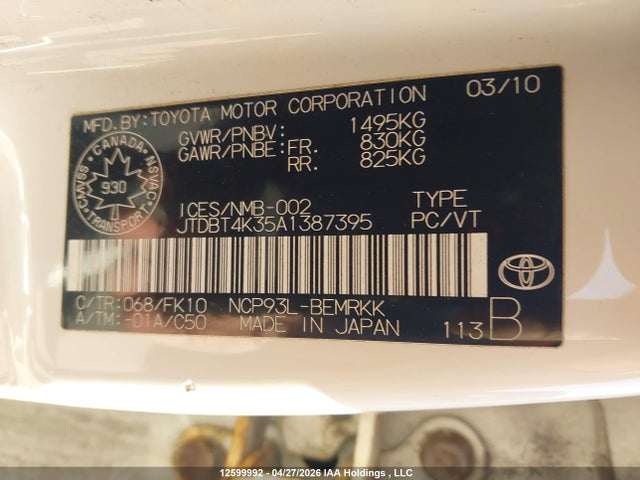 2010 Toyota Yaris მანქანა იყიდება აუქციონზე, vin: JTDBT4K35A1387395, აუქციონის ნომერი: 12599992