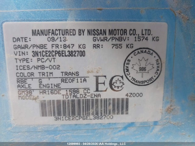 Aukcja sprzedaży 2014 Nissan Versa, vin: 3N1CE2CP6EL382700, numer aukcji: 12599993
