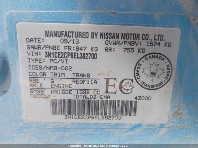 Aukcja sprzedaży 2014 Nissan Versa, vin: 3N1CE2CP6EL382700, numer aukcji: 12599993