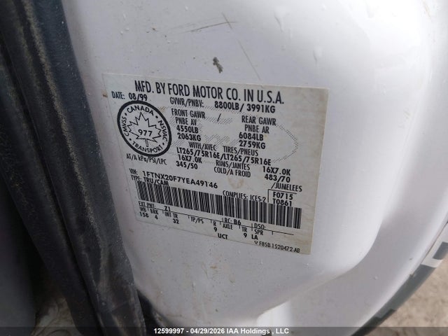 Aukcja sprzedaży 2000 Ford Super Duty F-250, vin: 1FTNX20F7YEA49146, numer aukcji: 12599997