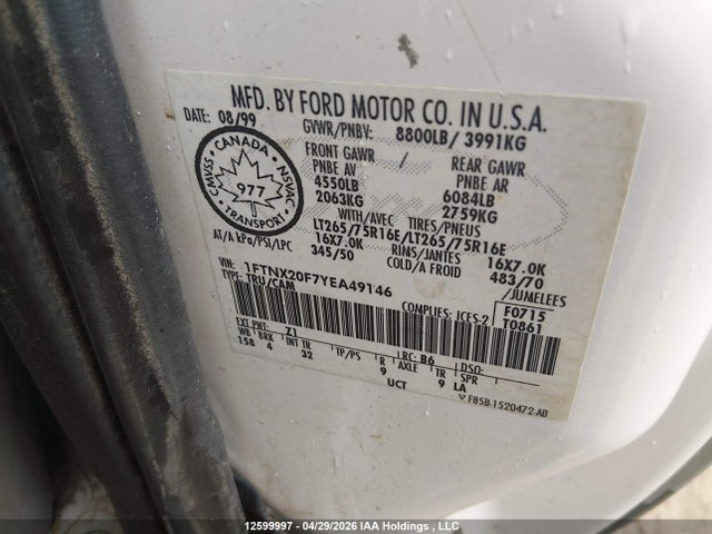 Aukcja sprzedaży 2000 Ford Super Duty F-250, vin: 1FTNX20F7YEA49146, numer aukcji: 12599997