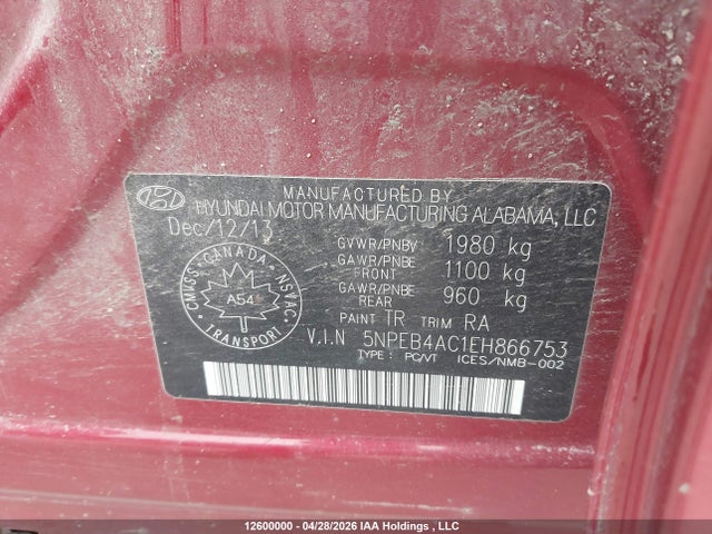 5NPEB4AC1EH866753 Hyundai Sonata