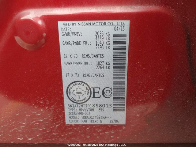 Продажа на аукционе авто 2015 Nissan Rogue, vin: 5N1AT2MT3FC858013, номер лота: 12600003