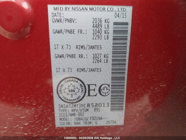 Продажа на аукционе авто 2015 Nissan Rogue, vin: 5N1AT2MT3FC858013, номер лота: 12600003