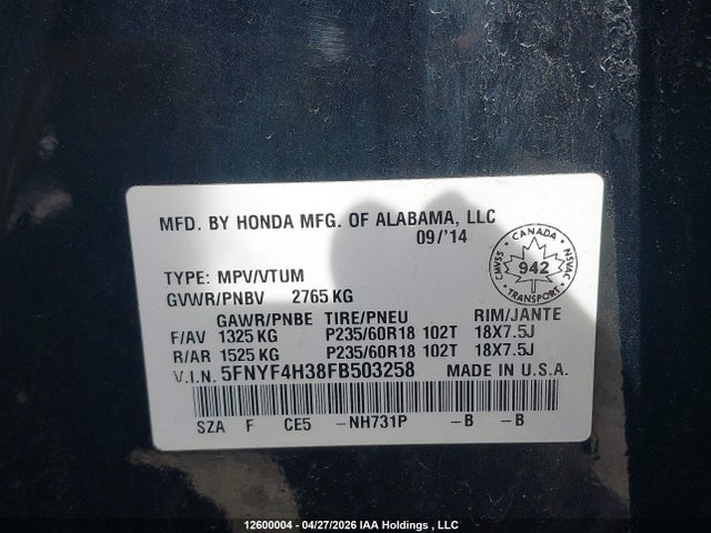 Aukcja sprzedaży 2015 Honda Pilot Se, vin: 5FNYF4H38FB503258, numer aukcji: 12600004