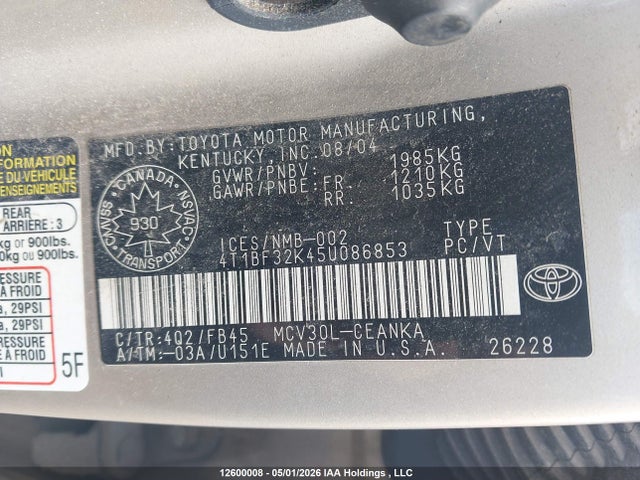 2005 Toyota Camry მანქანა იყიდება აუქციონზე, vin: 4T1BF32K45U086853, აუქციონის ნომერი: 12600008