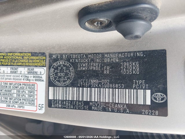 2005 Toyota Camry მანქანა იყიდება აუქციონზე, vin: 4T1BF32K45U086853, აუქციონის ნომერი: 12600008
