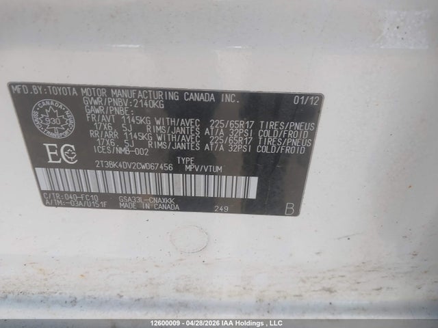 Продаж на аукціоні авто 2012 Toyota Rav4 Base V6, vin: 2T3BK4DV2CW067456, номер лоту: 12600009