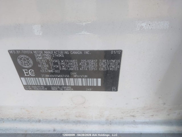 Продаж на аукціоні авто 2012 Toyota Rav4 Base V6, vin: 2T3BK4DV2CW067456, номер лоту: 12600009