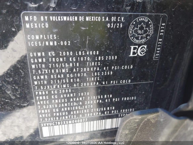 2025 Volkswagen Taos Se მანქანა იყიდება აუქციონზე, vin: 3VVUC7B2XSM040877, აუქციონის ნომერი: 12600010