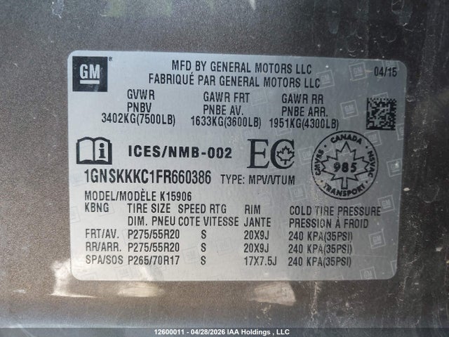 1GNSKKKC1FR660386 Chevrolet Suburban 1500 Ltz