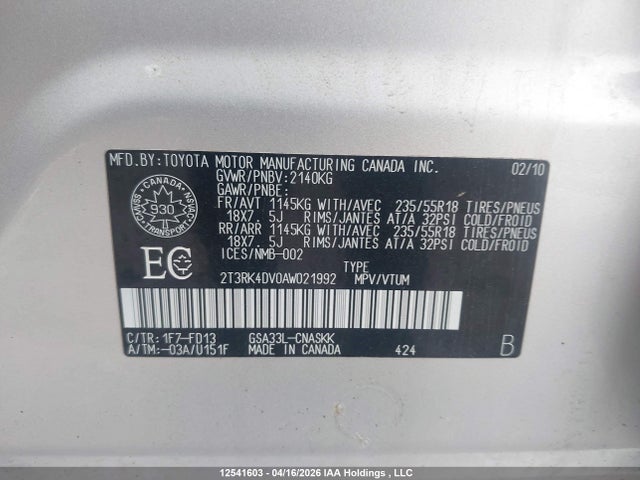 2010 Toyota Rav4 Sport V6 მანქანა იყიდება აუქციონზე, vin: 2T3RK4DV0AW021992, აუქციონის ნომერი: 12541603