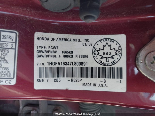 Продажа на аукционе авто 2007 Honda Civic Dx-g, vin: 1HGFA16347L800891, номер лота: 12574539