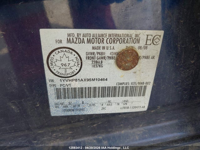 12593412 :رقم المزاد ، 1YVHP81AX95M10464 vin ، 2009 Mazda Mazda6 Gs-i4 مزاد بيع