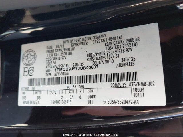 Продажа на аукционе авто 2018 Ford Escape Titanium, vin: 1FMCU9J97JUB00637, номер лота: 12593518
