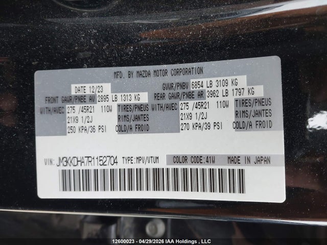 12600023 :رقم المزاد ، JM3KKDHA7R1152704 vin ، 2024 Mazda Cx-90 Phev Gt مزاد بيع