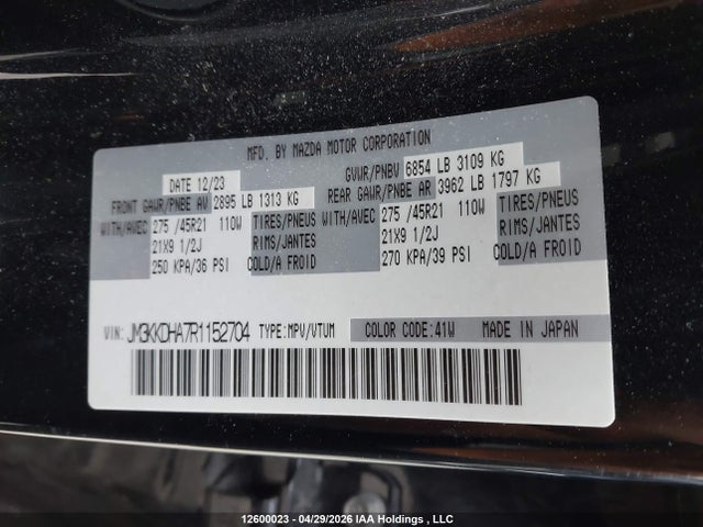 12600023 :رقم المزاد ، JM3KKDHA7R1152704 vin ، 2024 Mazda Cx-90 Phev Gt مزاد بيع