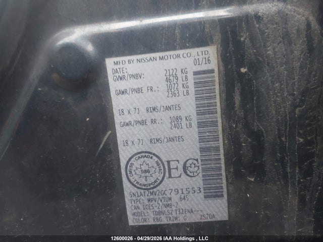 5N1AT2MV2GC791553 Nissan Rogue S/sl/sv