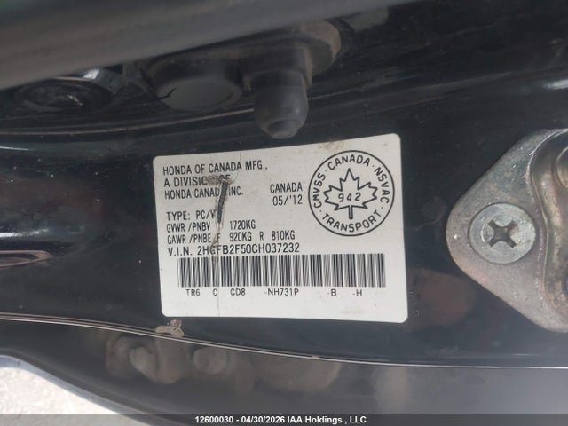 2012 Honda Civic Lx მანქანა იყიდება აუქციონზე, vin: 2HGFB2F50CH037232, აუქციონის ნომერი: 12600030