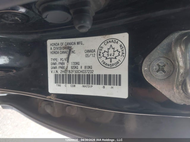 2012 Honda Civic Lx მანქანა იყიდება აუქციონზე, vin: 2HGFB2F50CH037232, აუქციონის ნომერი: 12600030