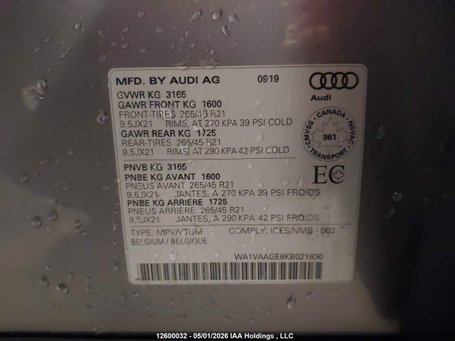 WA1VAAGE8KB021836 Audi E-tron Prestige