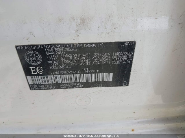Aukcja sprzedaży 2012 Toyota Rav4, vin: 2T3BF4DV8CW232933, numer aukcji: 12600033