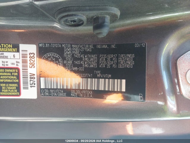 2012 Toyota Sienna Le მანქანა იყიდება აუქციონზე, vin: 5TDKK3DC5CS237741, აუქციონის ნომერი: 12600034