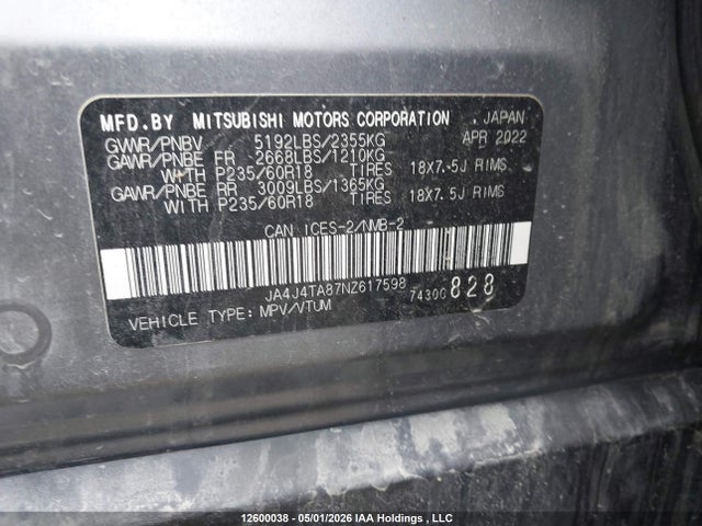 Продаж на аукціоні авто 2022 Mitsubishi Outlander Es, vin: JA4J4TA87NZ617598, номер лоту: 12600038
