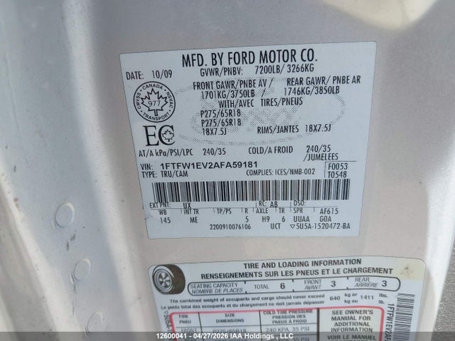 Aukcja sprzedaży 2010 Ford F-150, vin: 1FTFW1EV2AFA59181, numer aukcji: 12600041