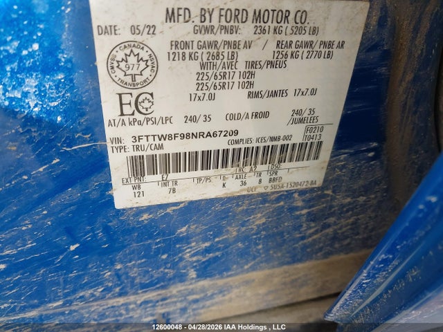Продаж на аукціоні авто 2022 Ford Maverick Xlt, vin: 3FTTW8F98NRA67209, номер лоту: 12600048