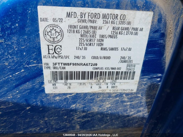 Продаж на аукціоні авто 2022 Ford Maverick Xlt, vin: 3FTTW8F98NRA67209, номер лоту: 12600048